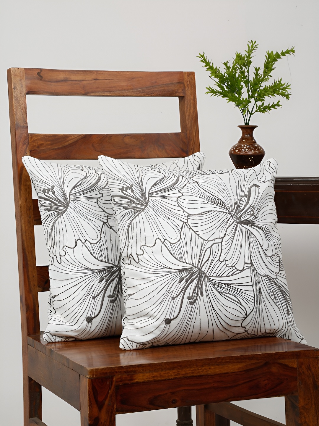 

TARAN LIVING White & Grey 2 Pieces Cotton Embroidered Square Cushion Covers