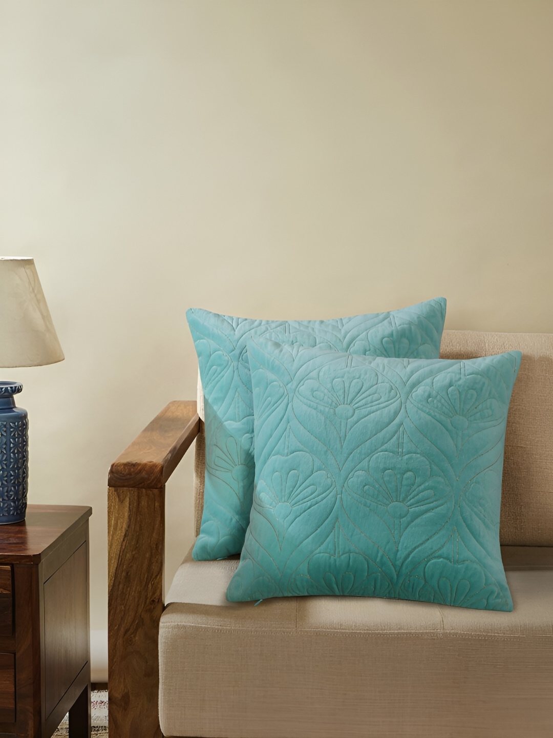 

TARAN LIVING Teal Green 2 Pieces Embroidered Velvet Square Cushion Covers