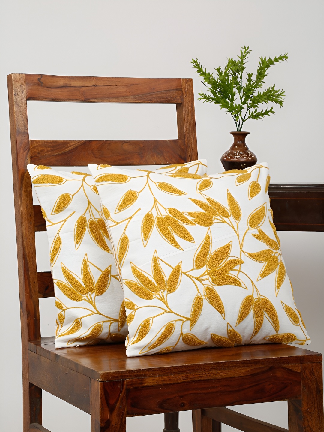

TARAN LIVING White & Orange 2 Pieces Cotton Embroidered Square Cushion Covers