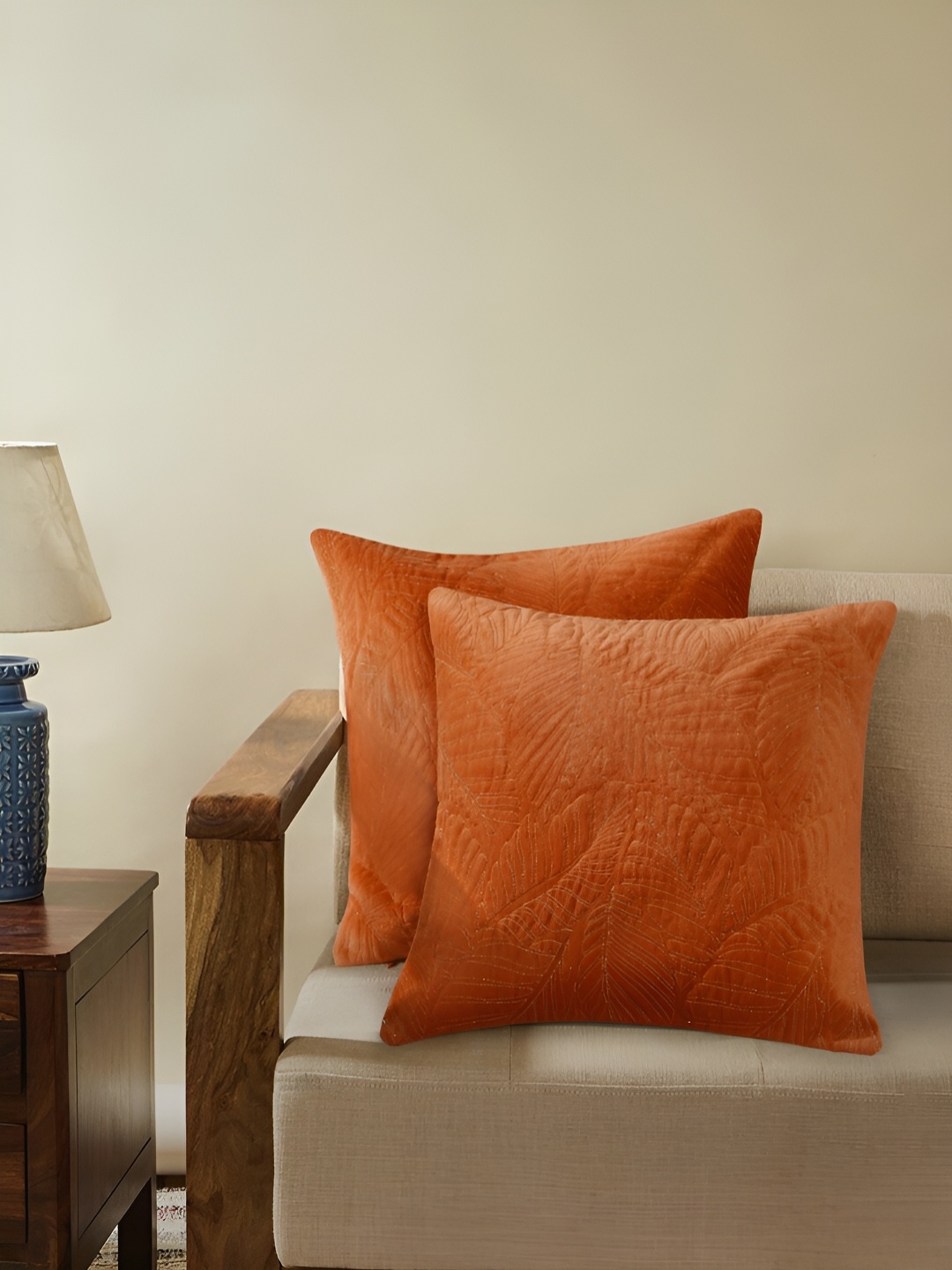 

Ratan Cart Rust & White 2 Pieces Embroidered Velvet Square Cushion Covers