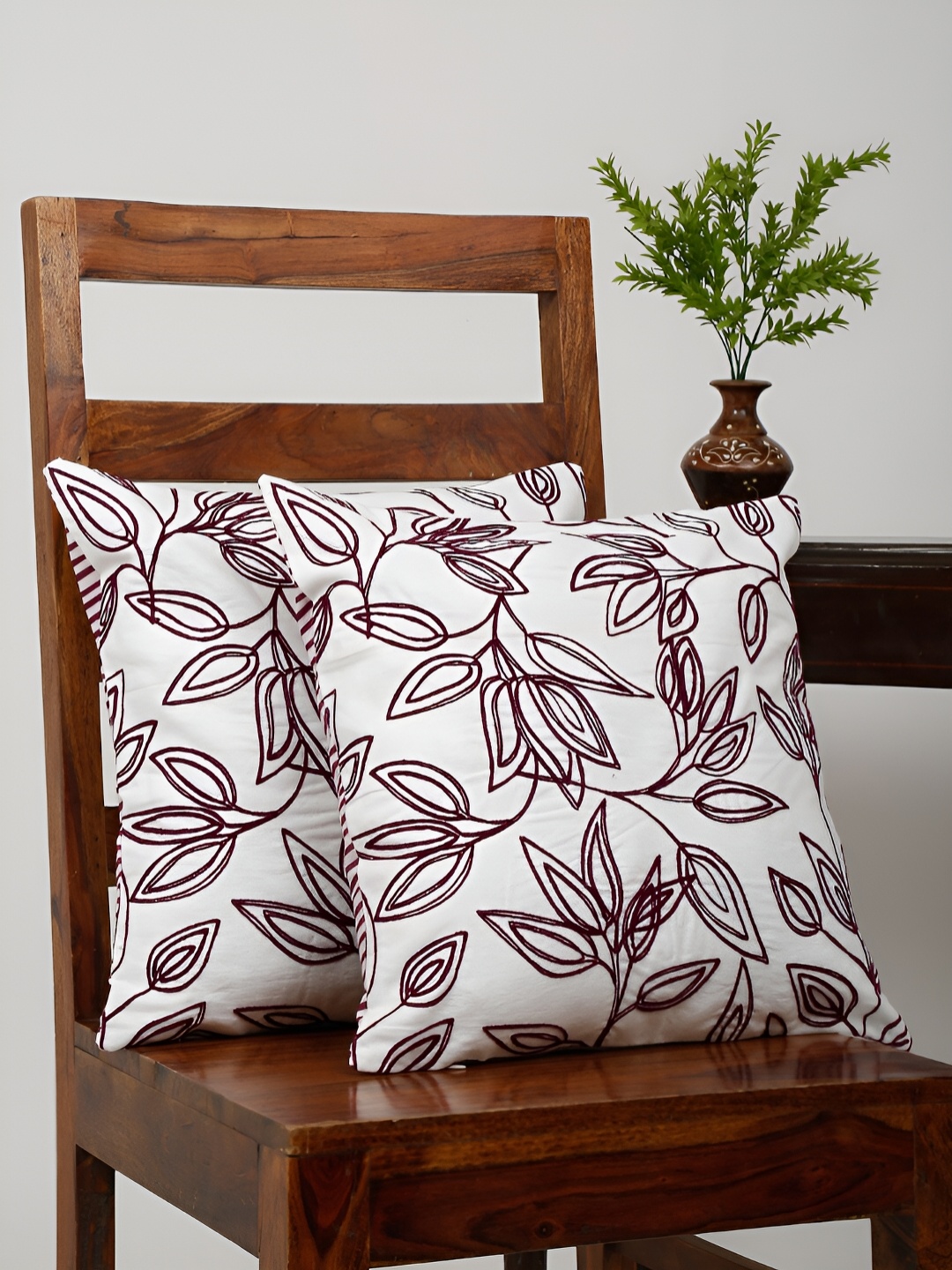 

TARAN LIVING White & Purple 2 Pieces Cotton Embroidered Square Cushion Covers
