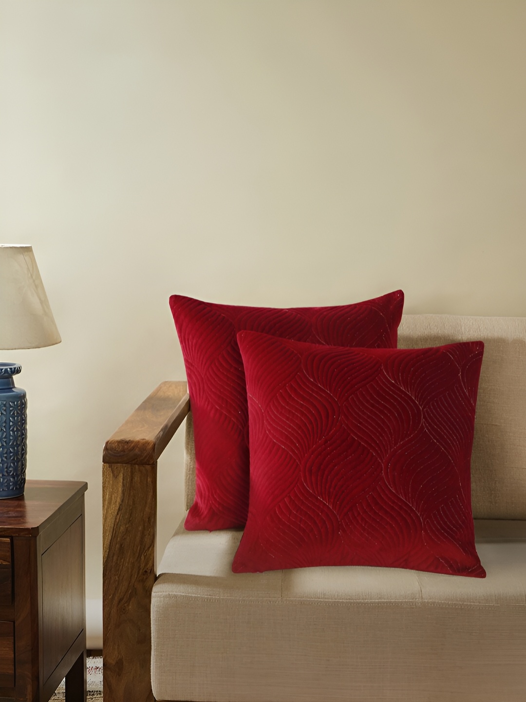 

TARAN LIVING Maroon 2 Pieces Embroidered Velvet Square Cushion Covers