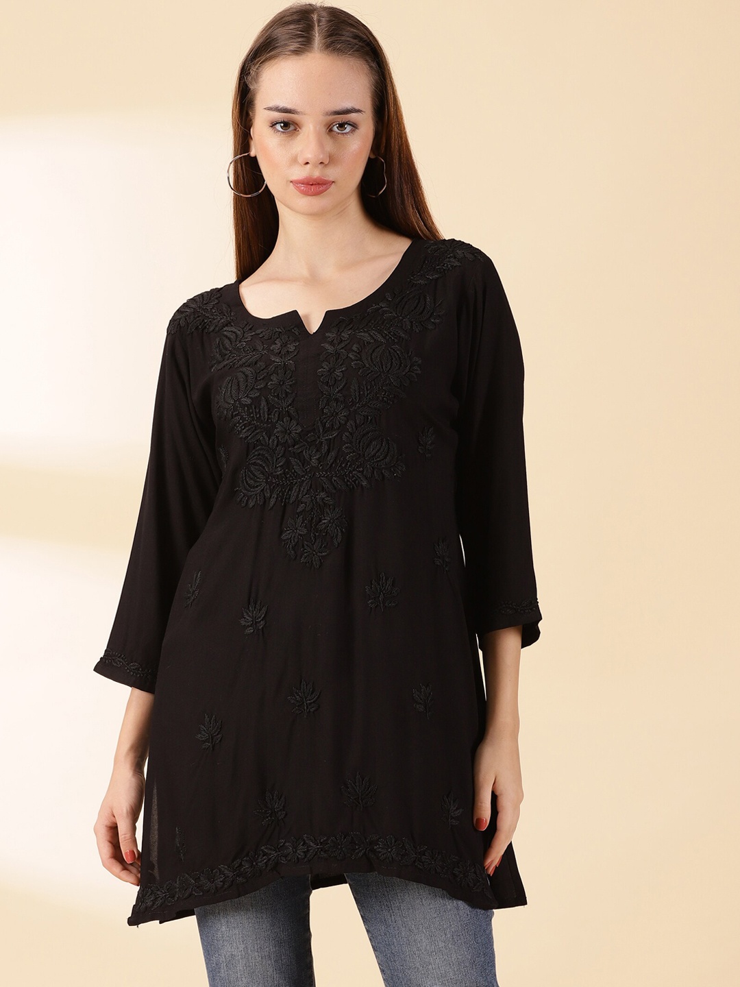

DIVINATION Floral Round Neck Three-Quarter Sleeves Thread Work A-Line Kurta, Black