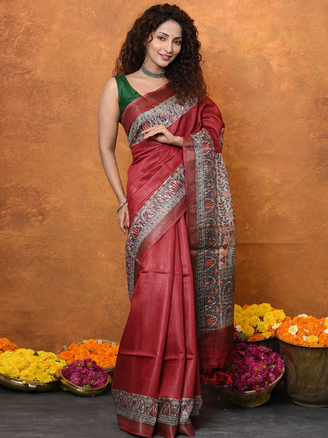 

Very Much Indian Zari Pure Silk Tussar Saree, Red