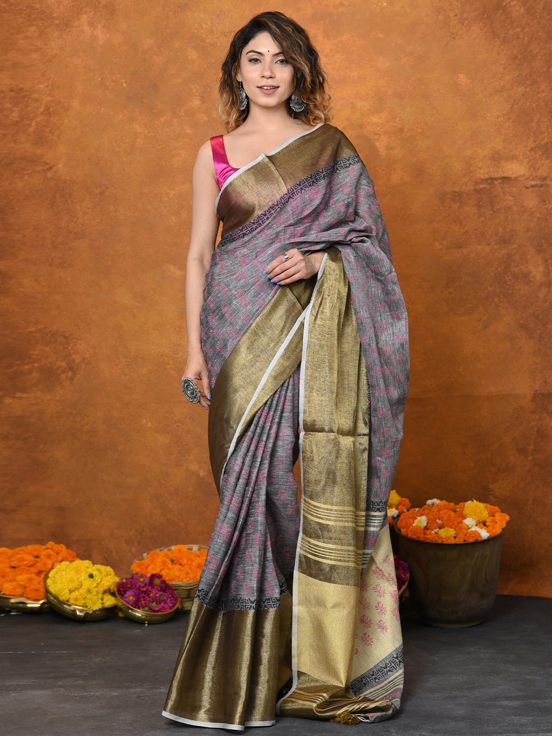 

Very Much Indian Floral Printed Zari Tissue Block Print Saree, Grey