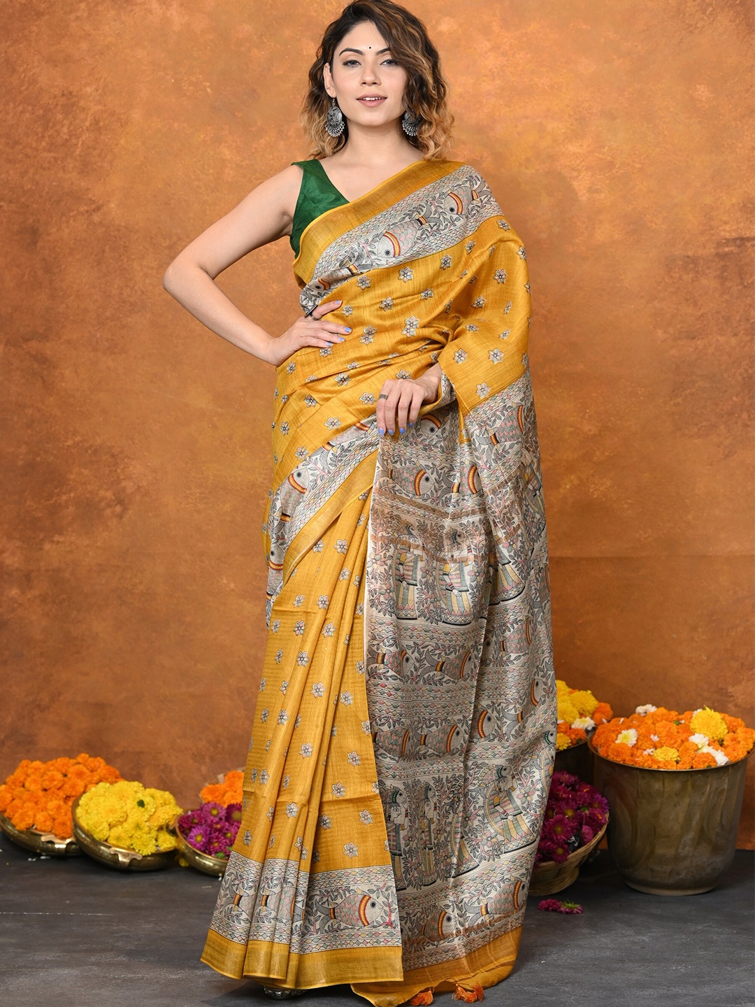 

Very Much Indian Ethnic Motifs Printed Pure Silk Tussar Saree, Yellow