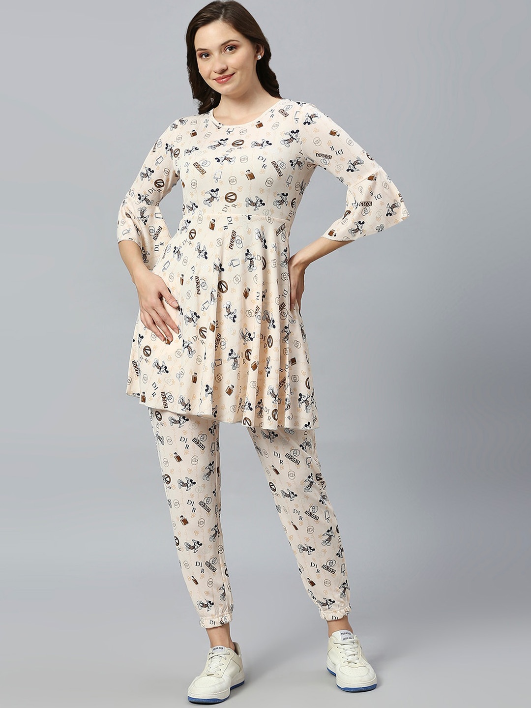 

True Shape Conversational Printed Tunic With Trousers Co-Ords, Beige