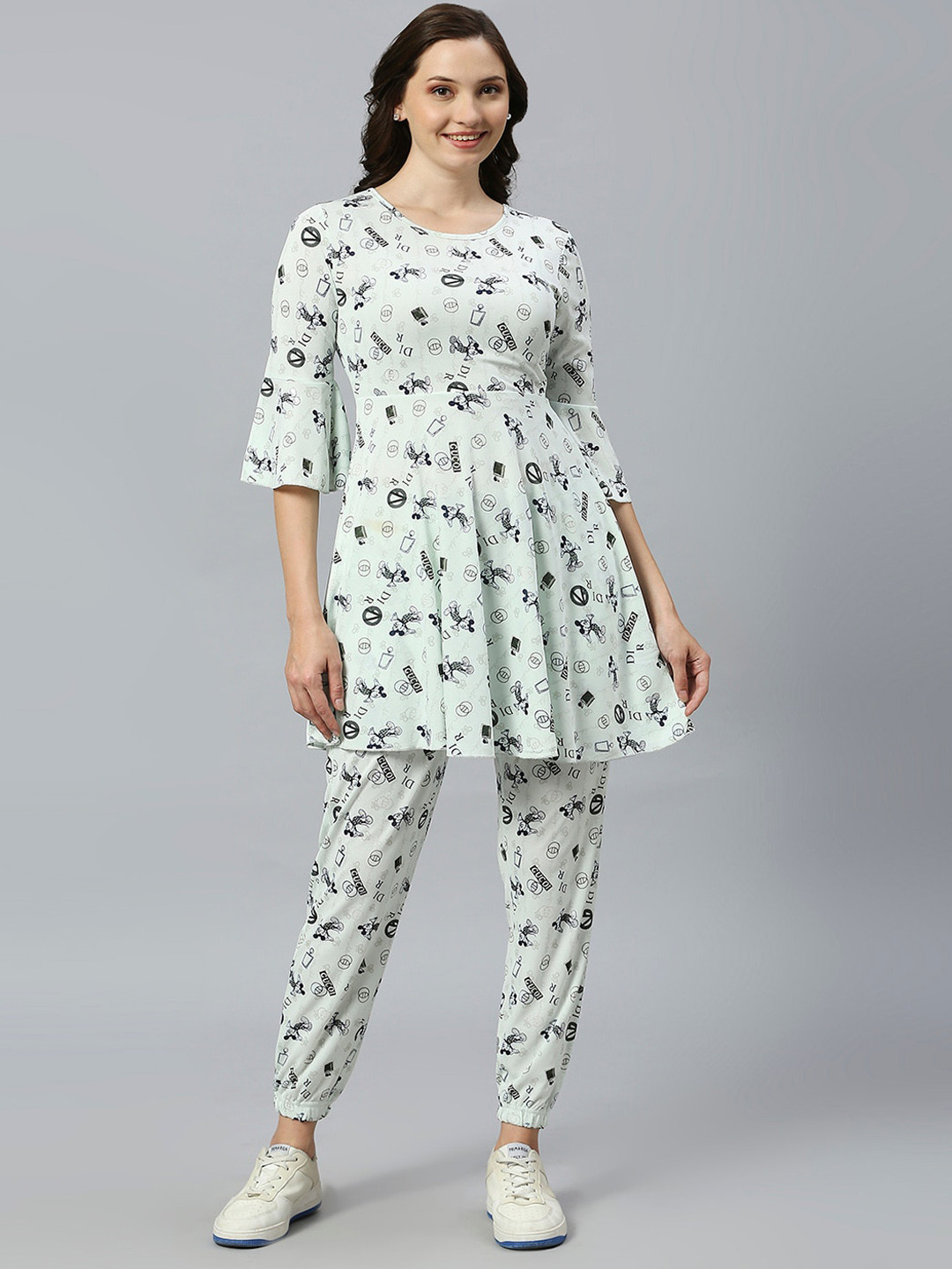 

True Shape Mickey Mouse Graphic Printed Bell Sleeves Tunic With Joggers, Green