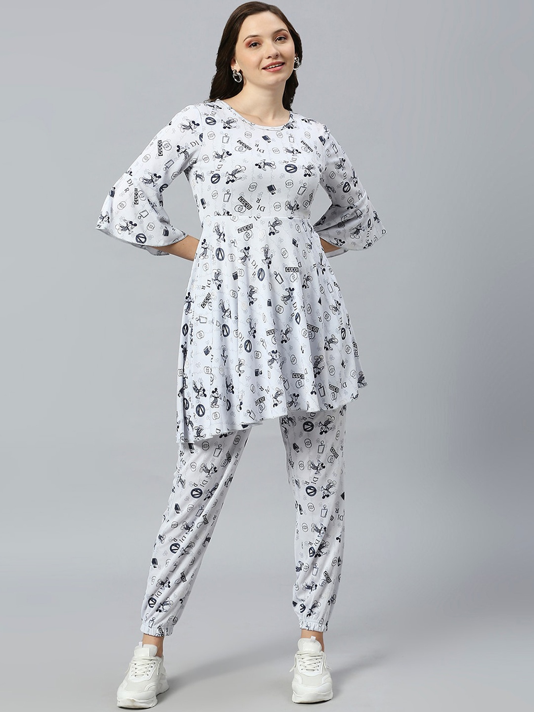 

True Shape Mickey Mouse Graphic Printed Bell Sleeves Tunic With Joggers, Grey
