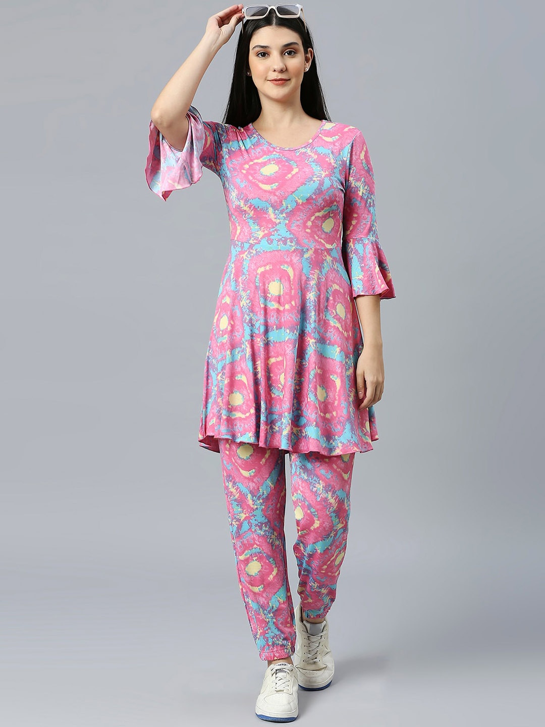 

True Shape Tie & Dye Bell Sleeves Tunic With Joggers, Pink