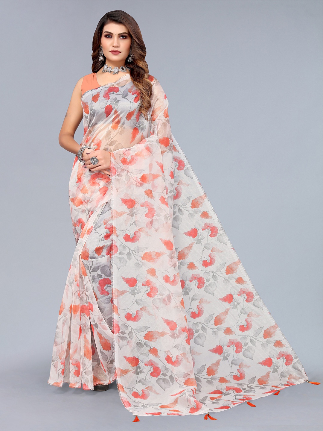 

Nimayaa Floral Organza Saree, Peach
