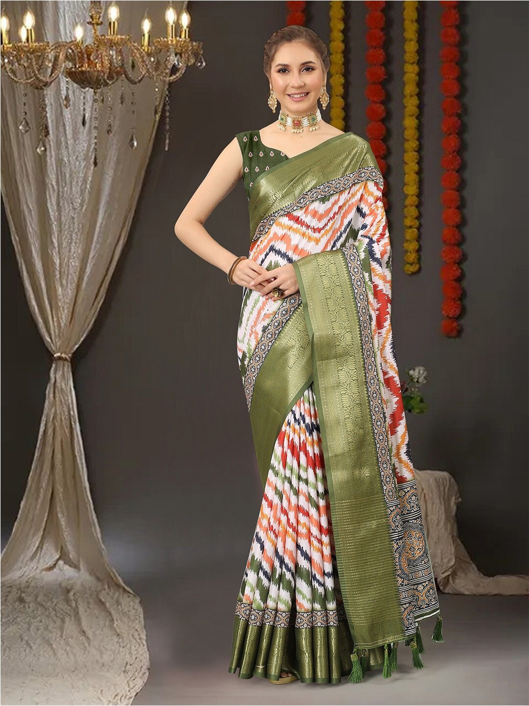 

faxofab Geometric Zari Patola Saree, Green