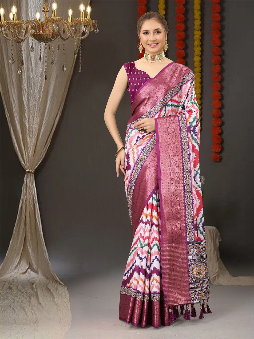 

faxofab Striped Patola Zari Saree, Purple