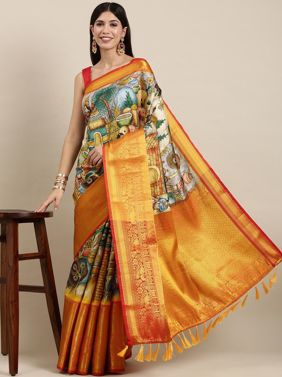 

faxofab Kalamkari Zari Banarasi Saree, Yellow