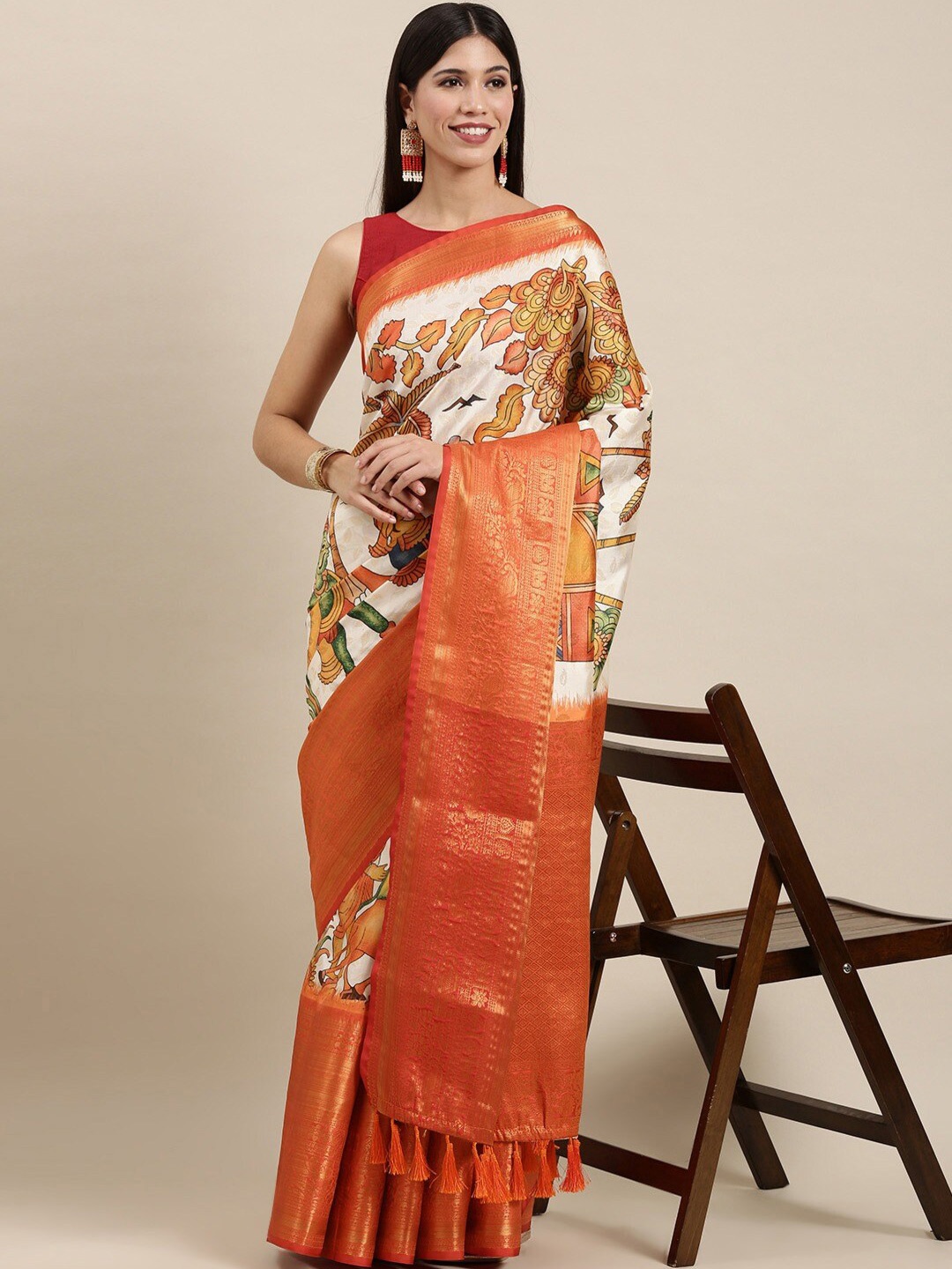 

faxofab Kalamkari Zari Banarasi Saree, Red