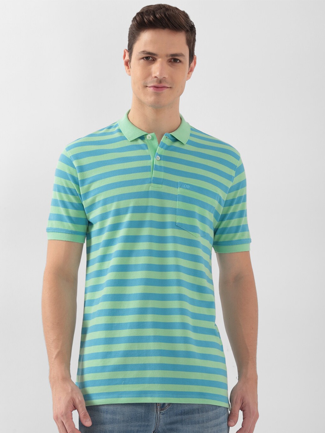 

Peter England Striped Polo Collar Short Sleeves T-shirt, Green