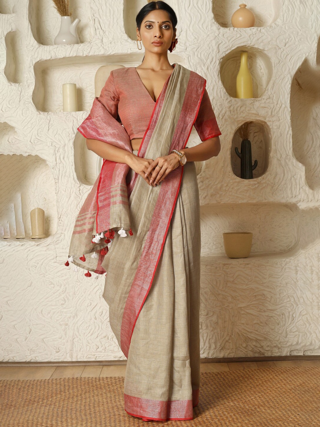 

Gotitli Woven Design Zari Pure Linen Saree, Grey