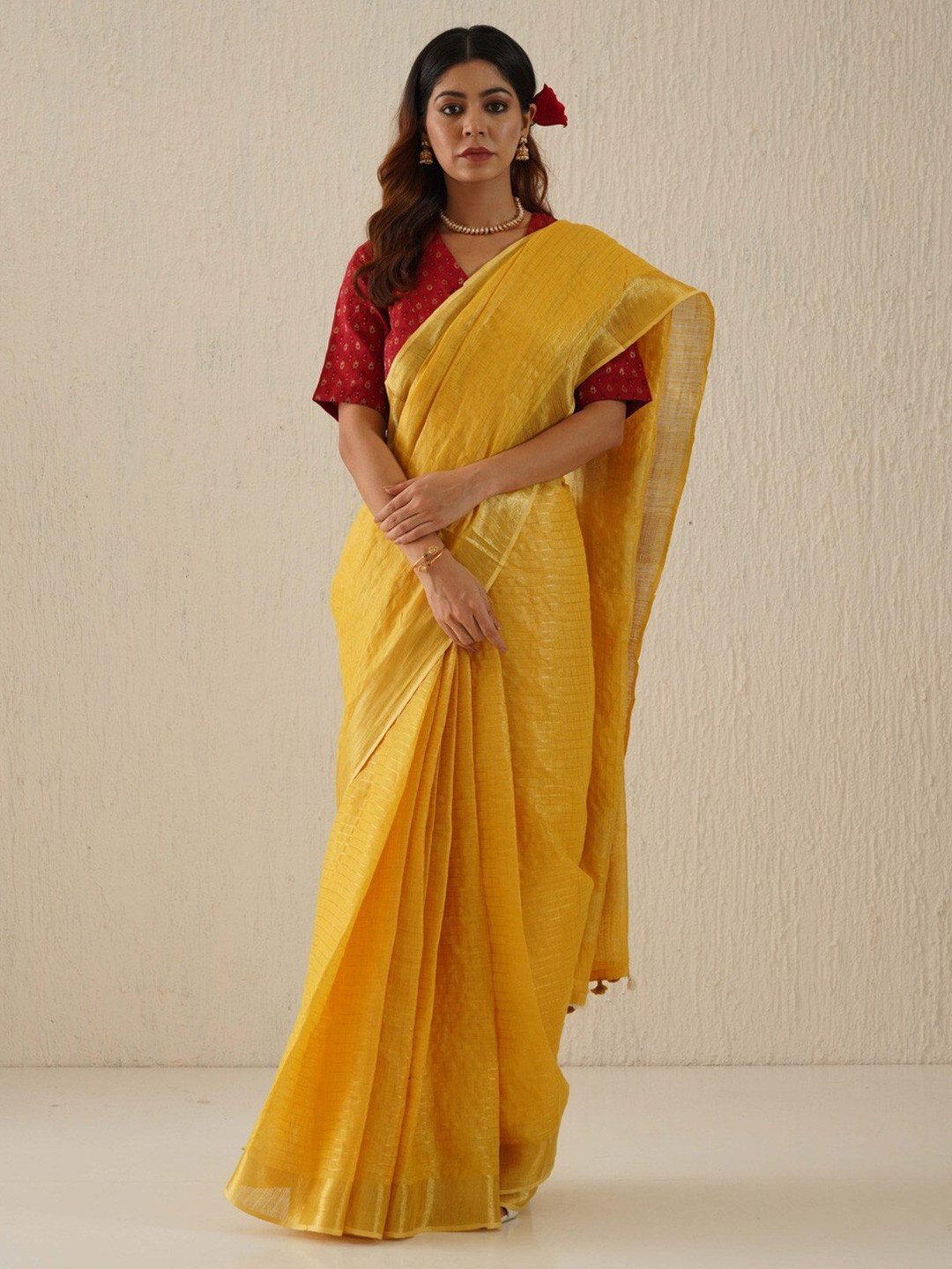 

Gotitli Woven Design Zari Pure Linen Saree, Mustard