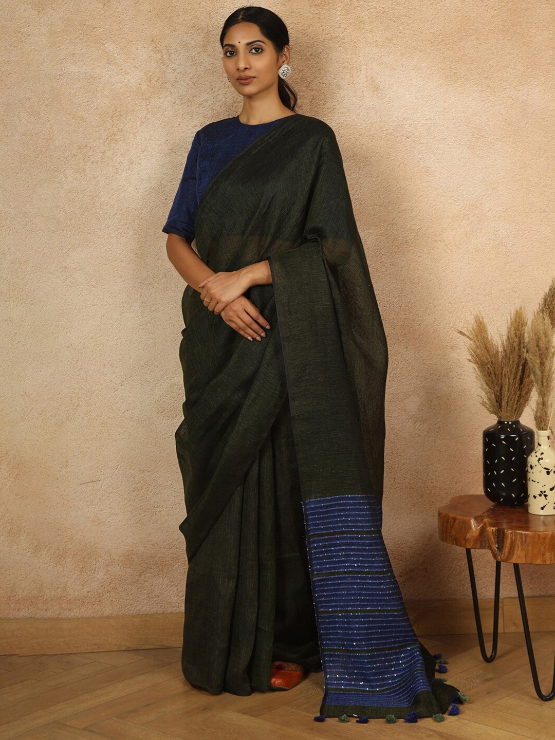 

Gotitli Woven Design Sequinned Pure Linen Saree With Tassels, Green