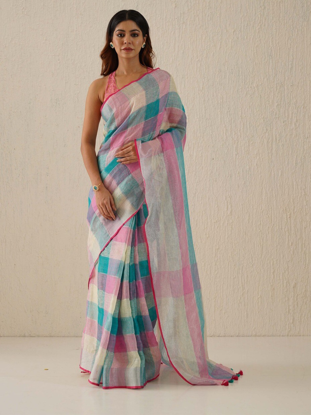 

Gotitli Checked Woven Design Pure Linen Saree, Pink