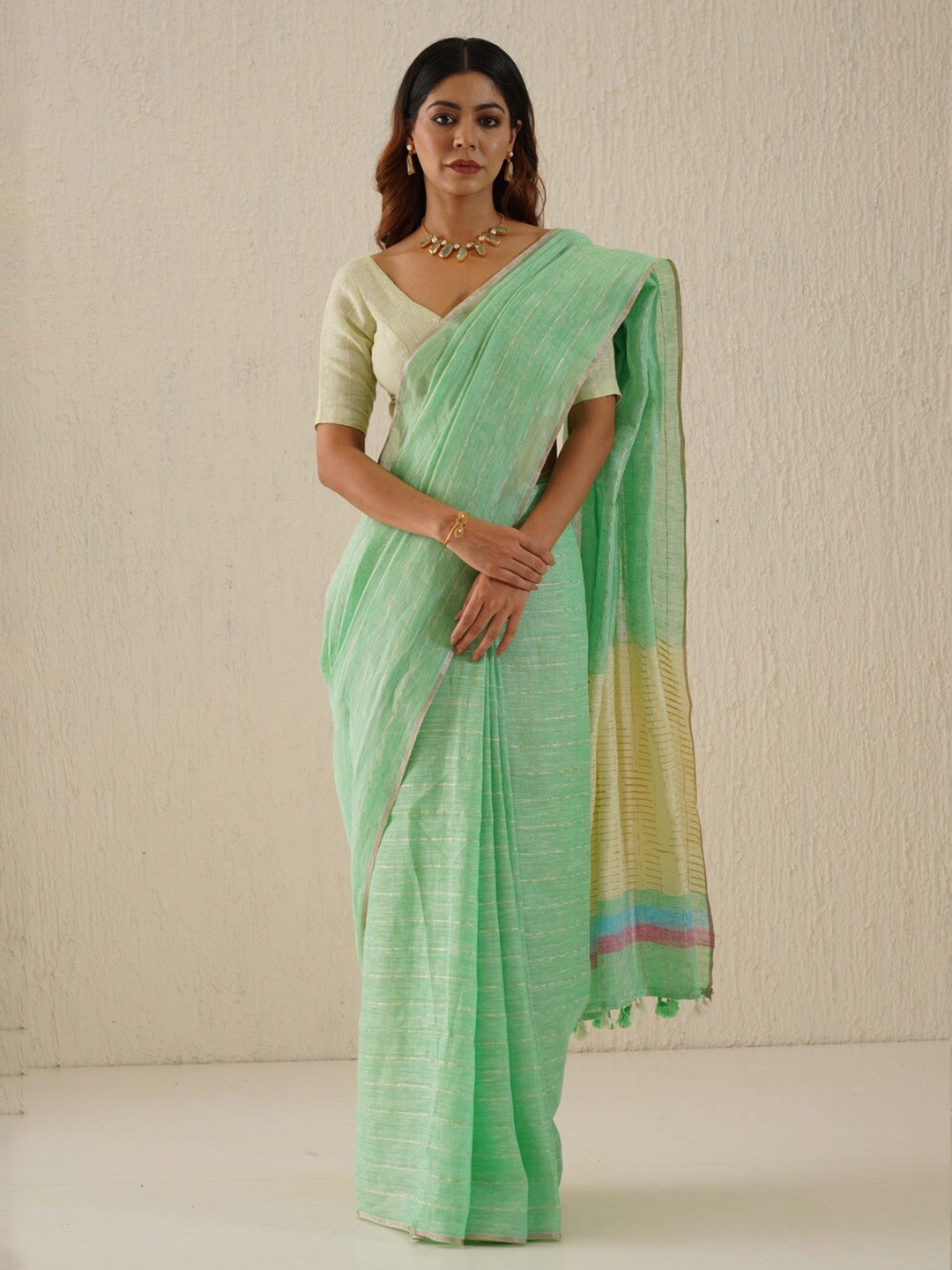 

Gotitli Striped Zari Pure Linen Saree with Tassels, Sea green