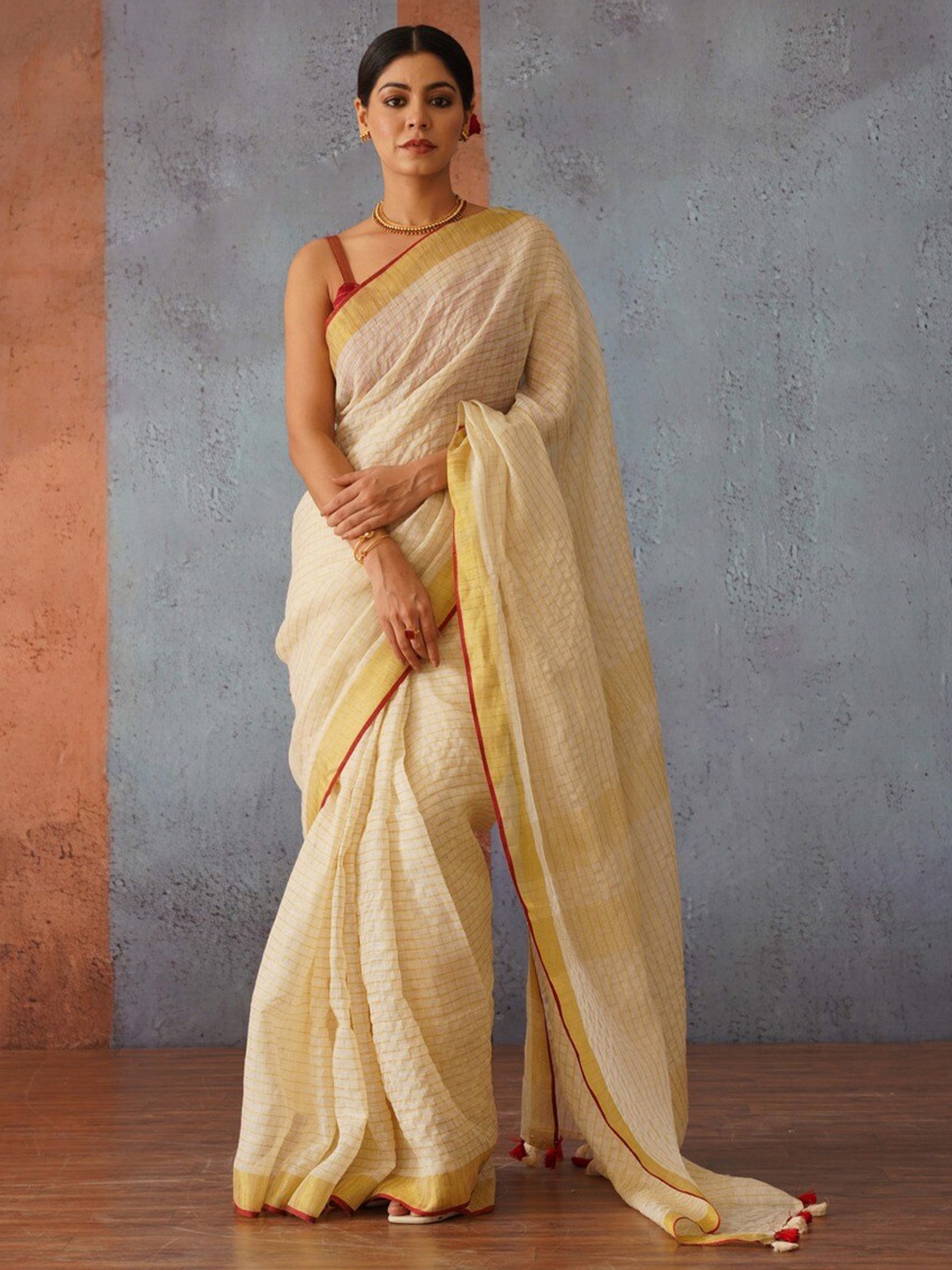 

Gotitli Checked Zari Pure Linen Saree, Off white