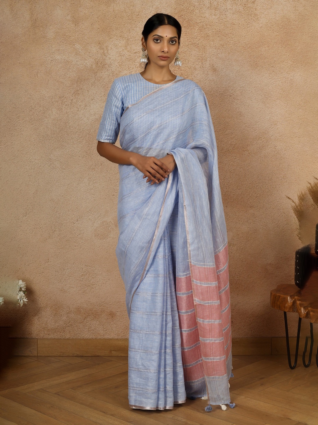 

Gotitli Striped Woven Design Zari Pure Linen Saree, Blue