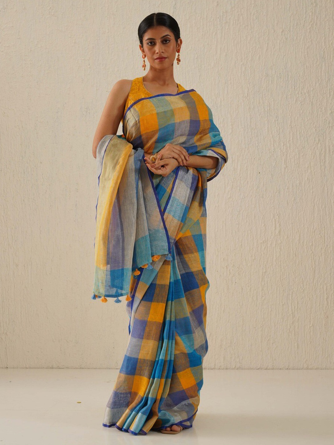 

Gotitli Checked Zari Pure Linen Saree, Blue