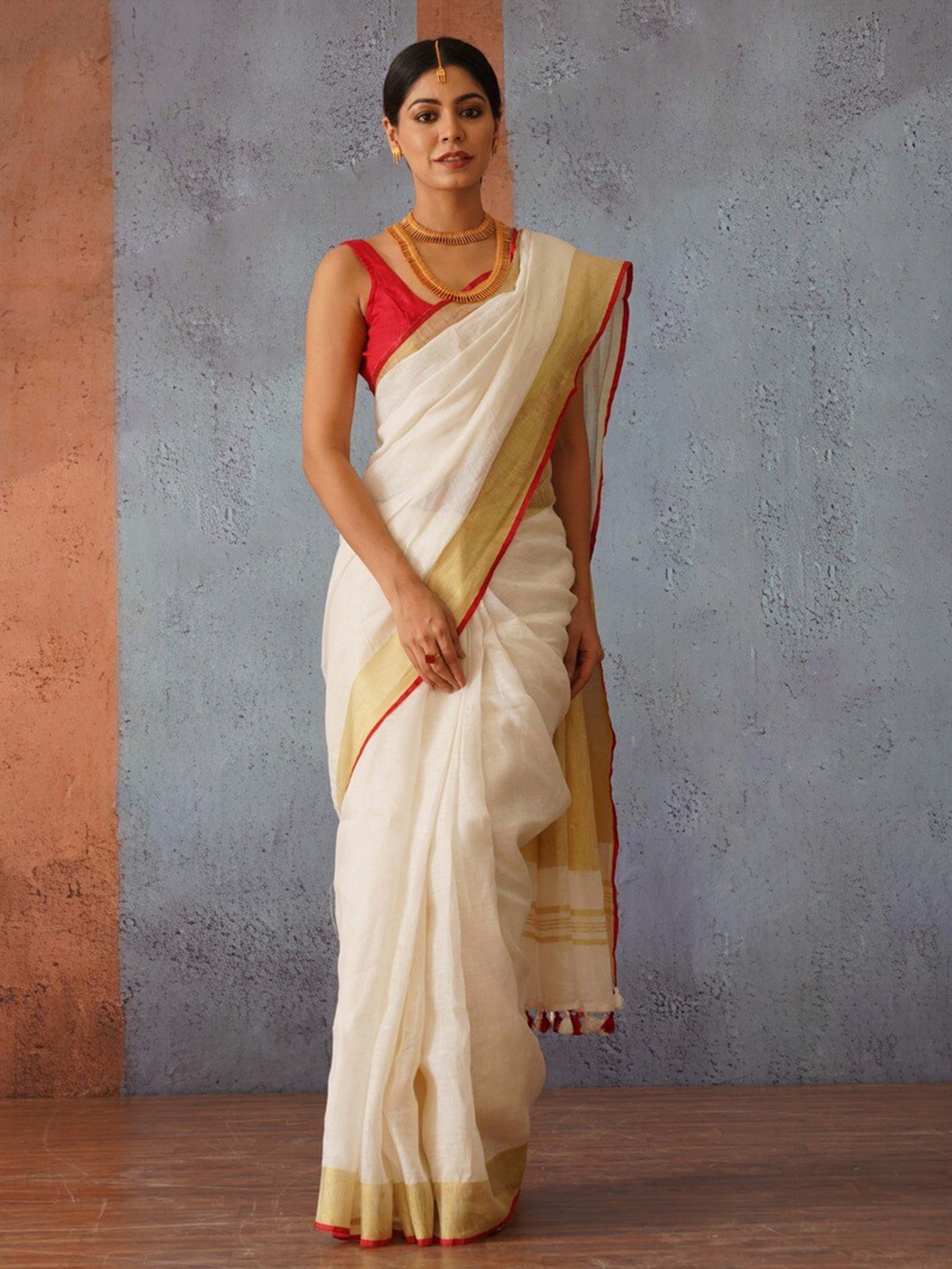 

Gotitli Zari Pure Linen Saree, Off white