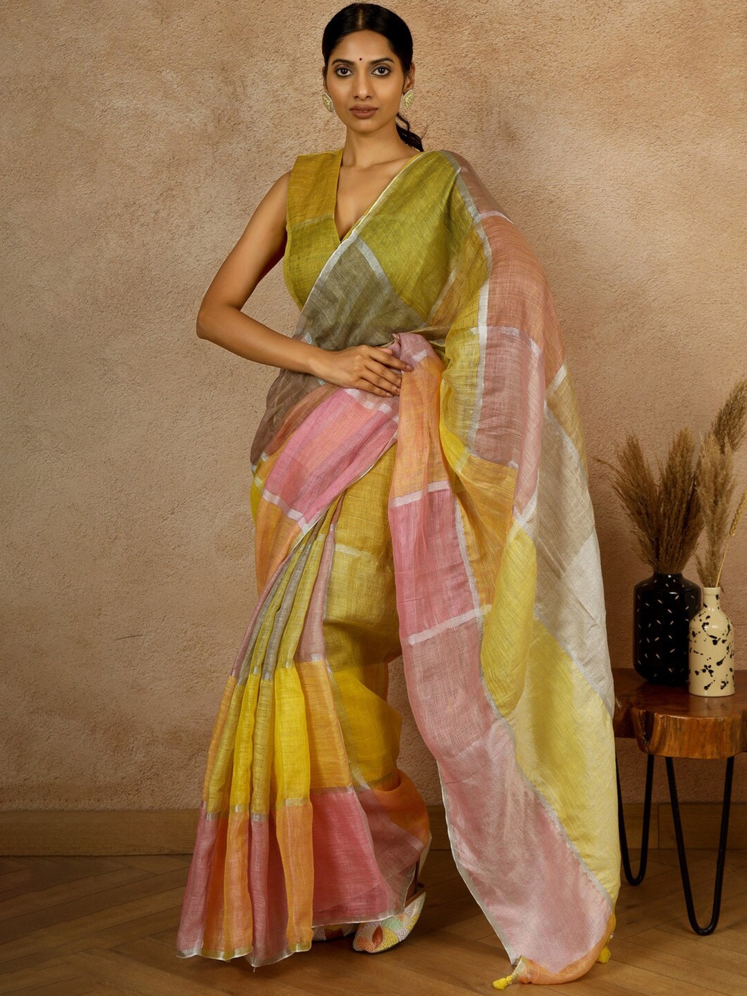 

Gotitli Striped Woven Design Zari Pure Linen Saree, Green
