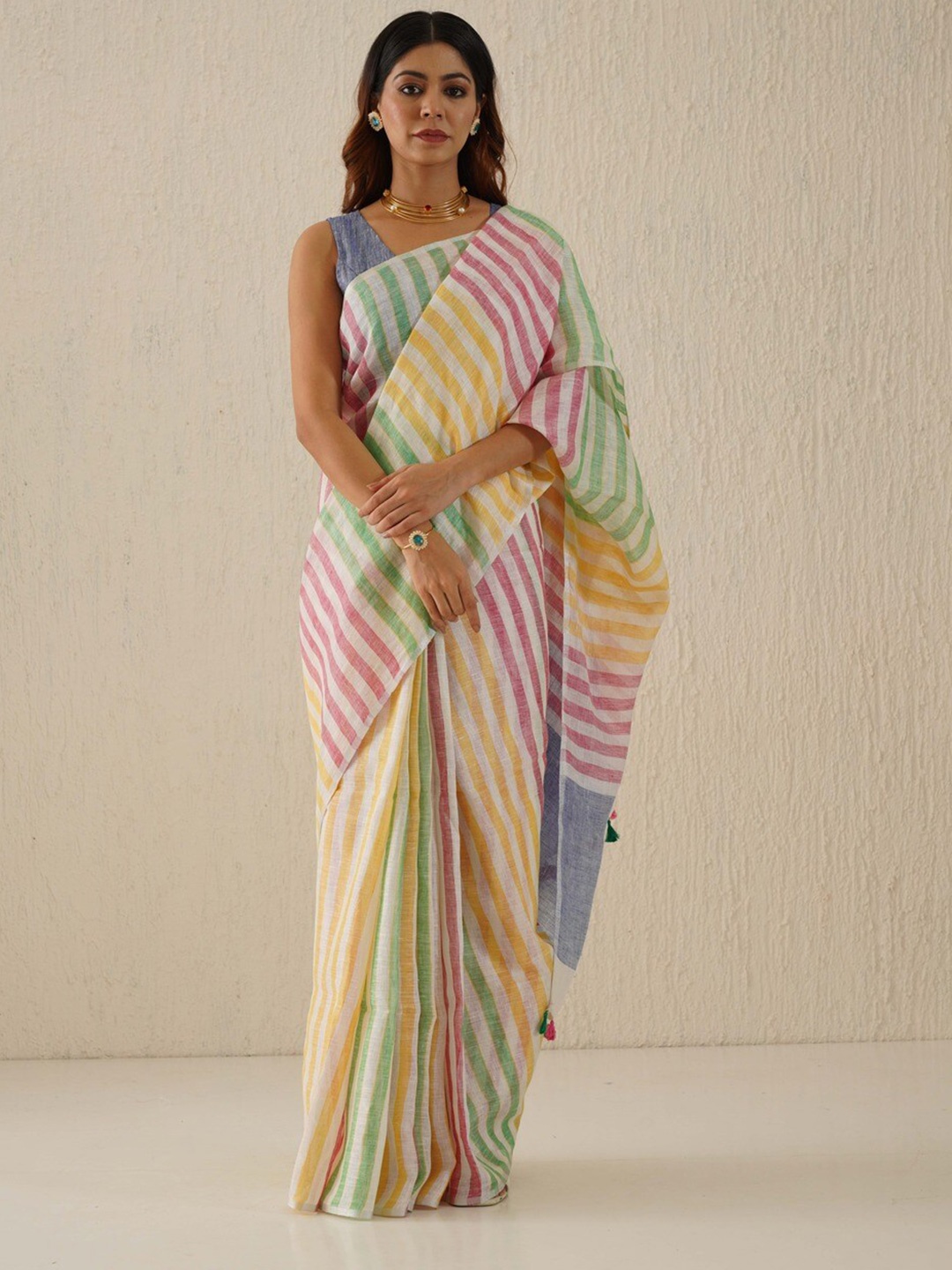 

Gotitli Striped Woven Design Zari Pure Linen Saree, Beige