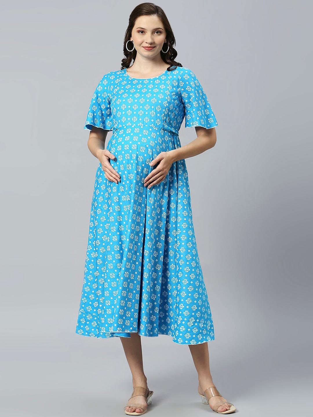 

DUMMY SHAPE Ethnic Motifs Printed Maternity Fit and Flare Midi Dresses, Blue