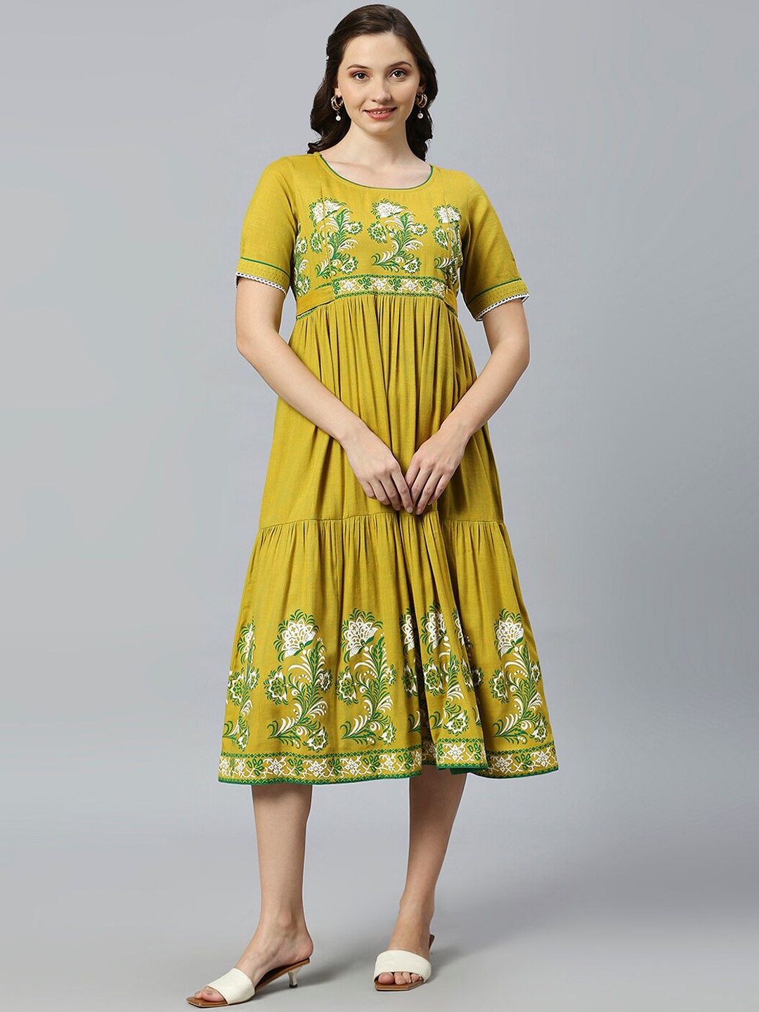 

DUMMY SHAPE Floral Printed Cotton Maternity Feeding Fit & Flare Dress, Lime green