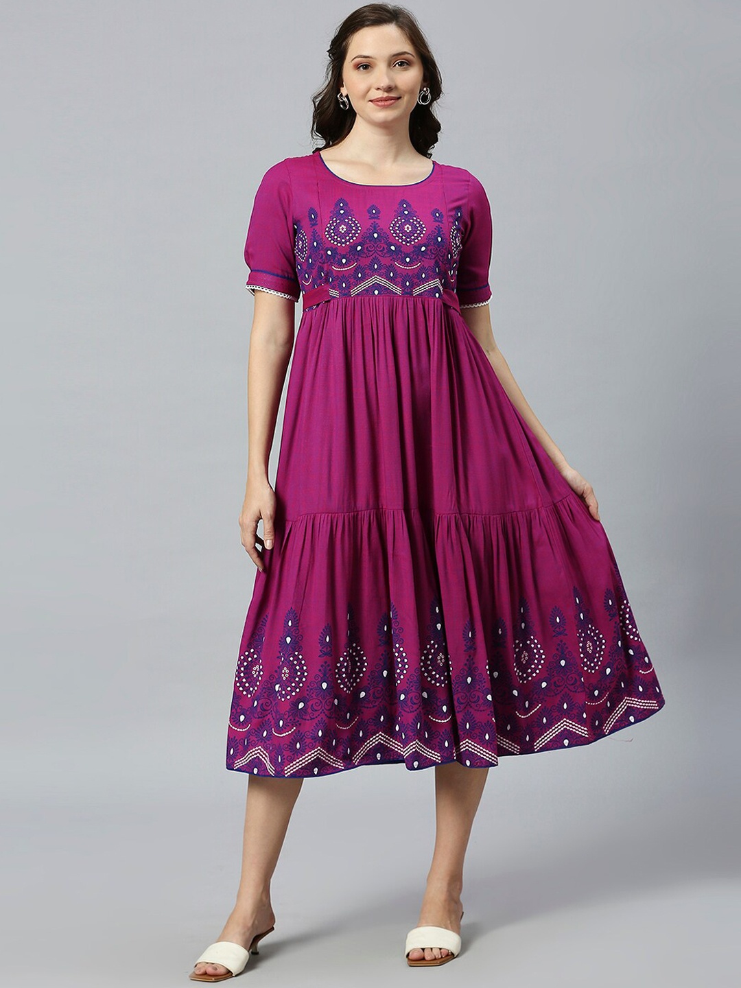 

DUMMY SHAPE Floral Printed Puff Sleeves Maternity Fit and Flare Midi Dress, Purple