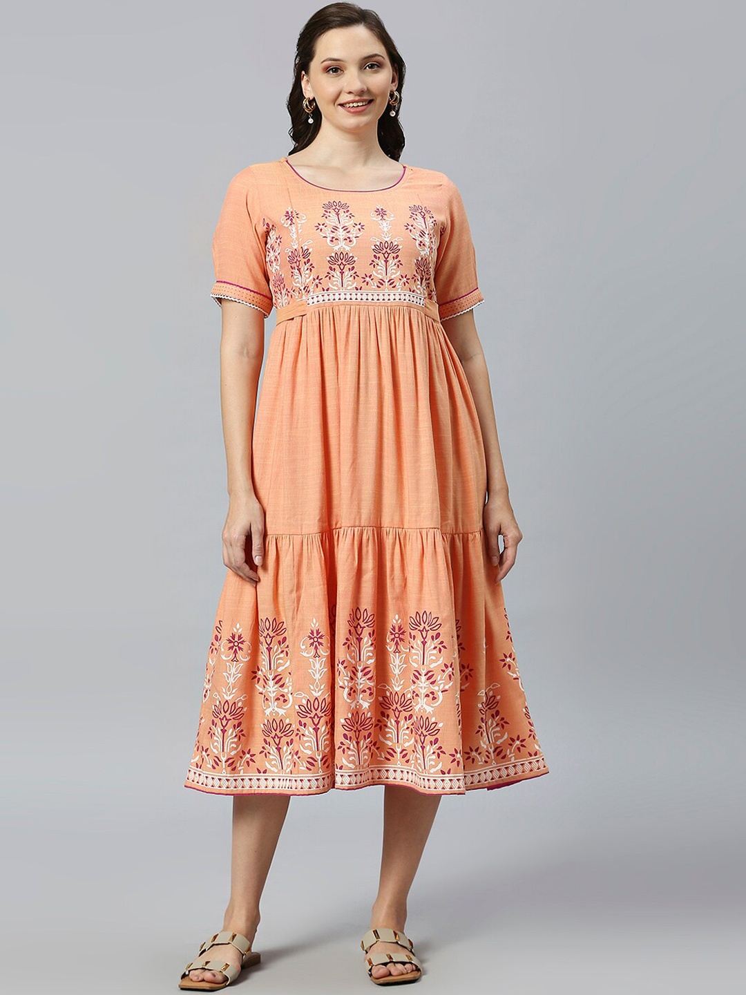 

DUMMY SHAPE Floral Printed Cotton Maternity Feeding Fit & Flare Dress, Peach