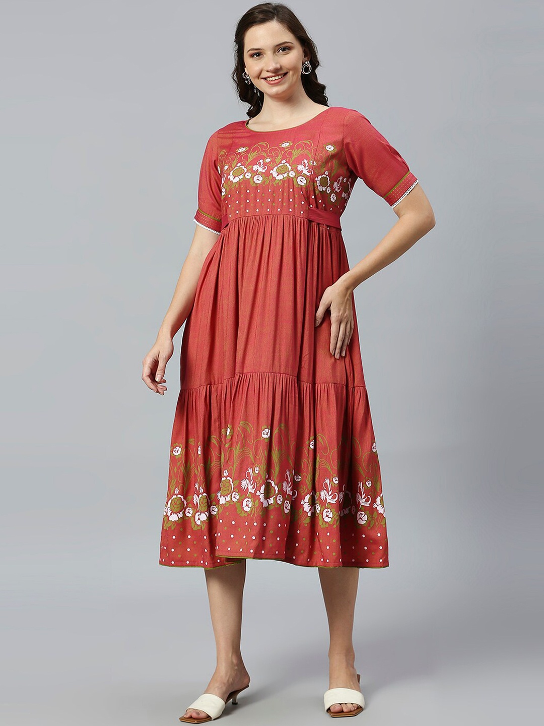 

DUMMY SHAPE Floral Printed Maternity Fit and Flare Midi Dresses, Orange