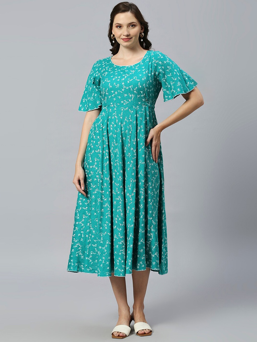 DUMMY SHAPE Floral Printed Flared Sleeves Fit & Flare Maternity Feeding Dress, Blue