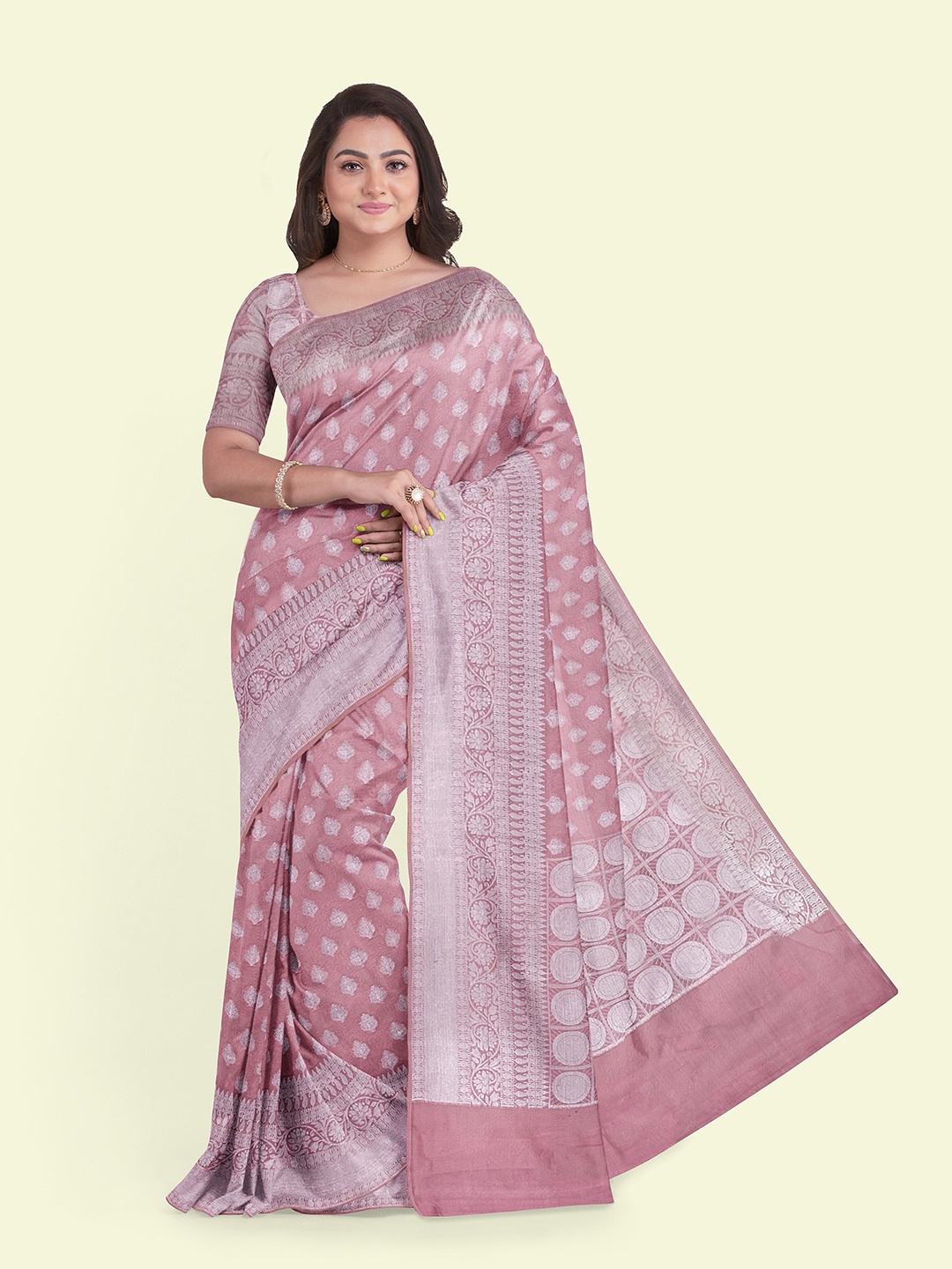 

Muskan Fashion Ethnic Motifs Zari Silk Cotton Banarasi Saree, Pink