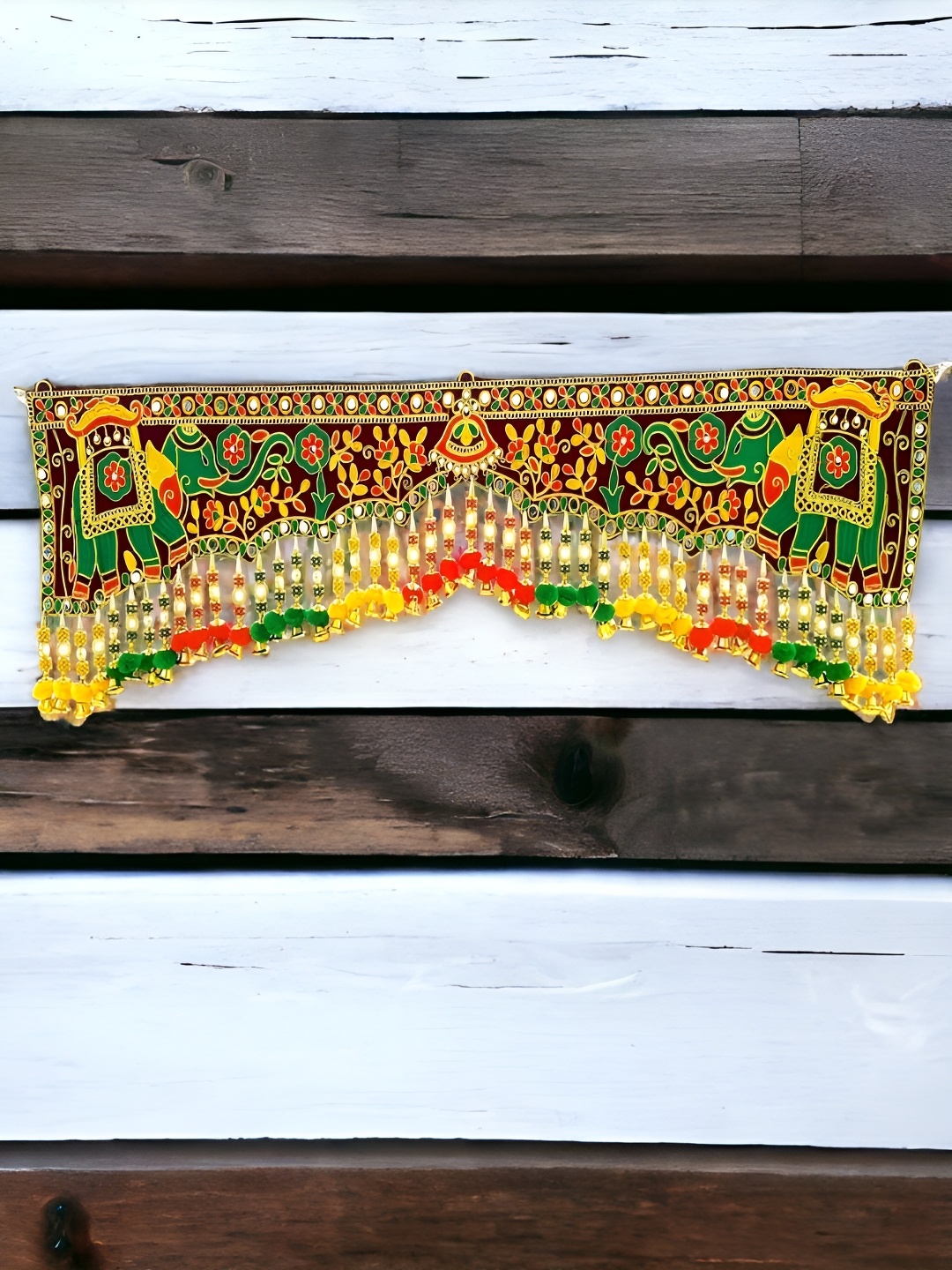 

NARYA TRADITIONAL Green & Brown Door Hanging Elephant & Colourful Pompom