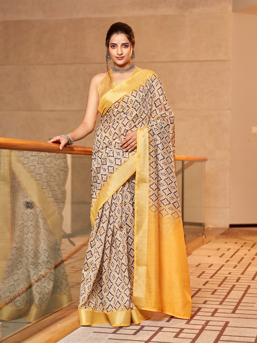 

SHOPGARB Ethnic Motifs Printed Zari Silk Cotton Saree, Mustard