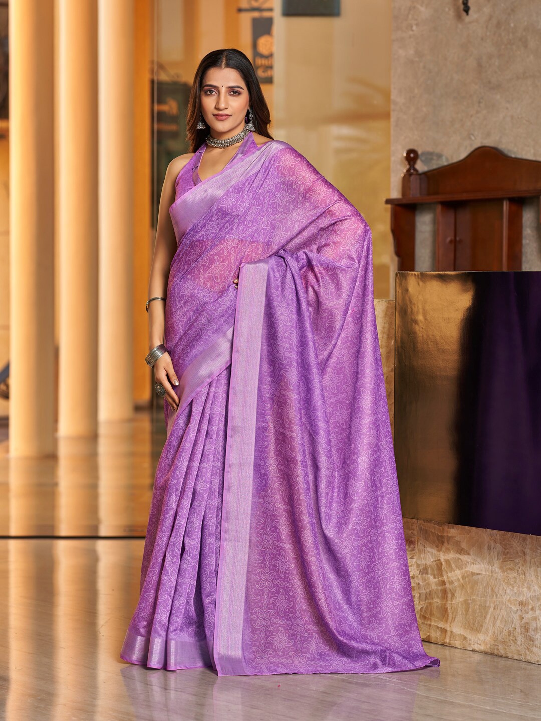 

SHOPGARB Paisley Printed Zari Silk Cotton Saree, Purple