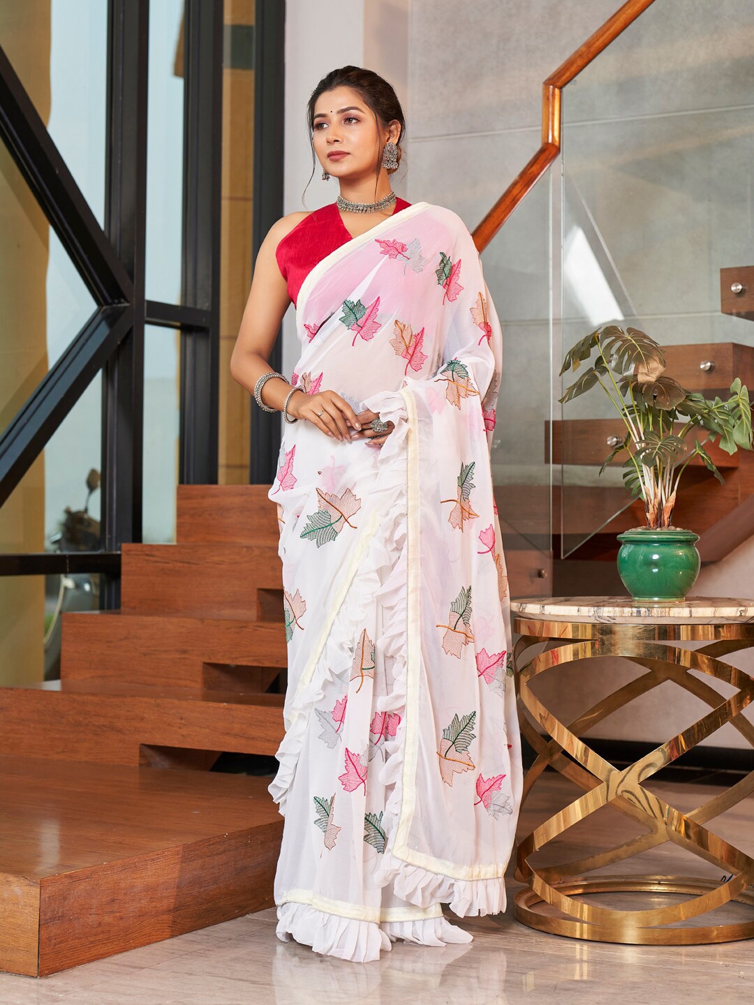 

SHOPGARB Floral Embroidered Sequinned Ruffled Pure Georgette Saree, White