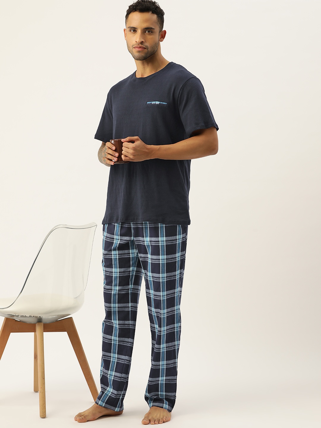 

ETC Men Checked Pure Cotton Night Suit, Navy blue