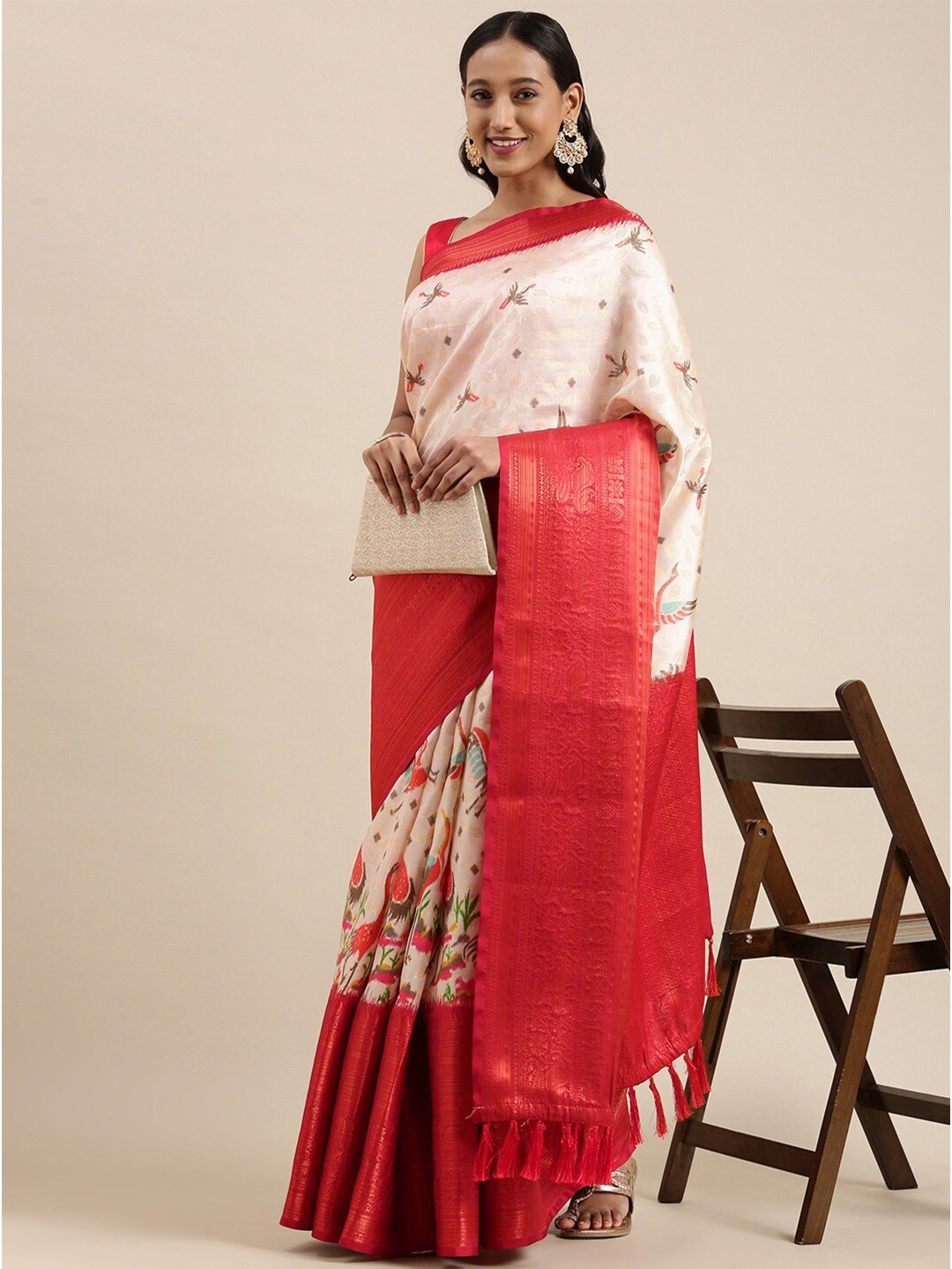 

faxofab Floral Woven Design Banarasi Zari Saree, Red