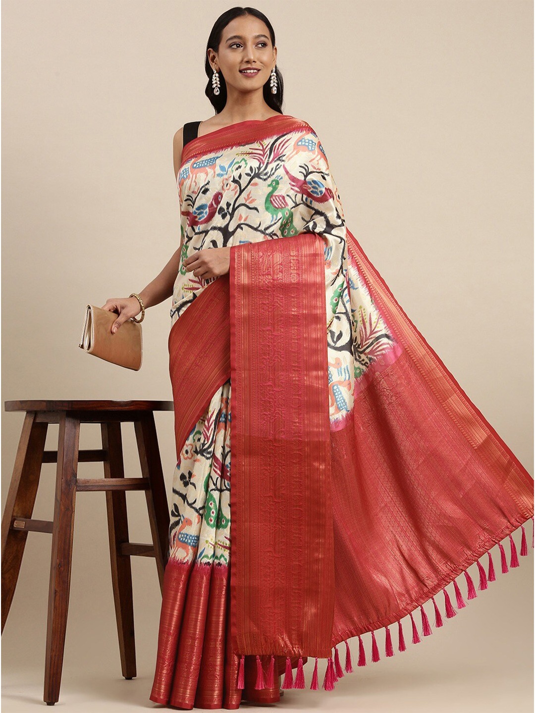 

faxofab Ethnic Motifs Printed Banarasi Zari Saree, Cream