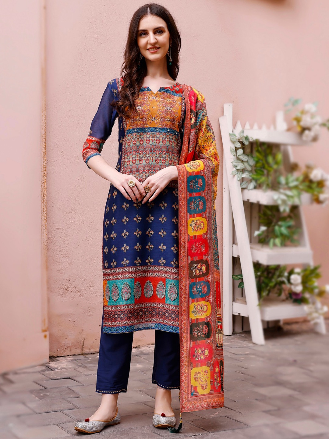

KALINI Ethnic Motifs Printed Kurta With Trousers & Dupatta, Navy blue