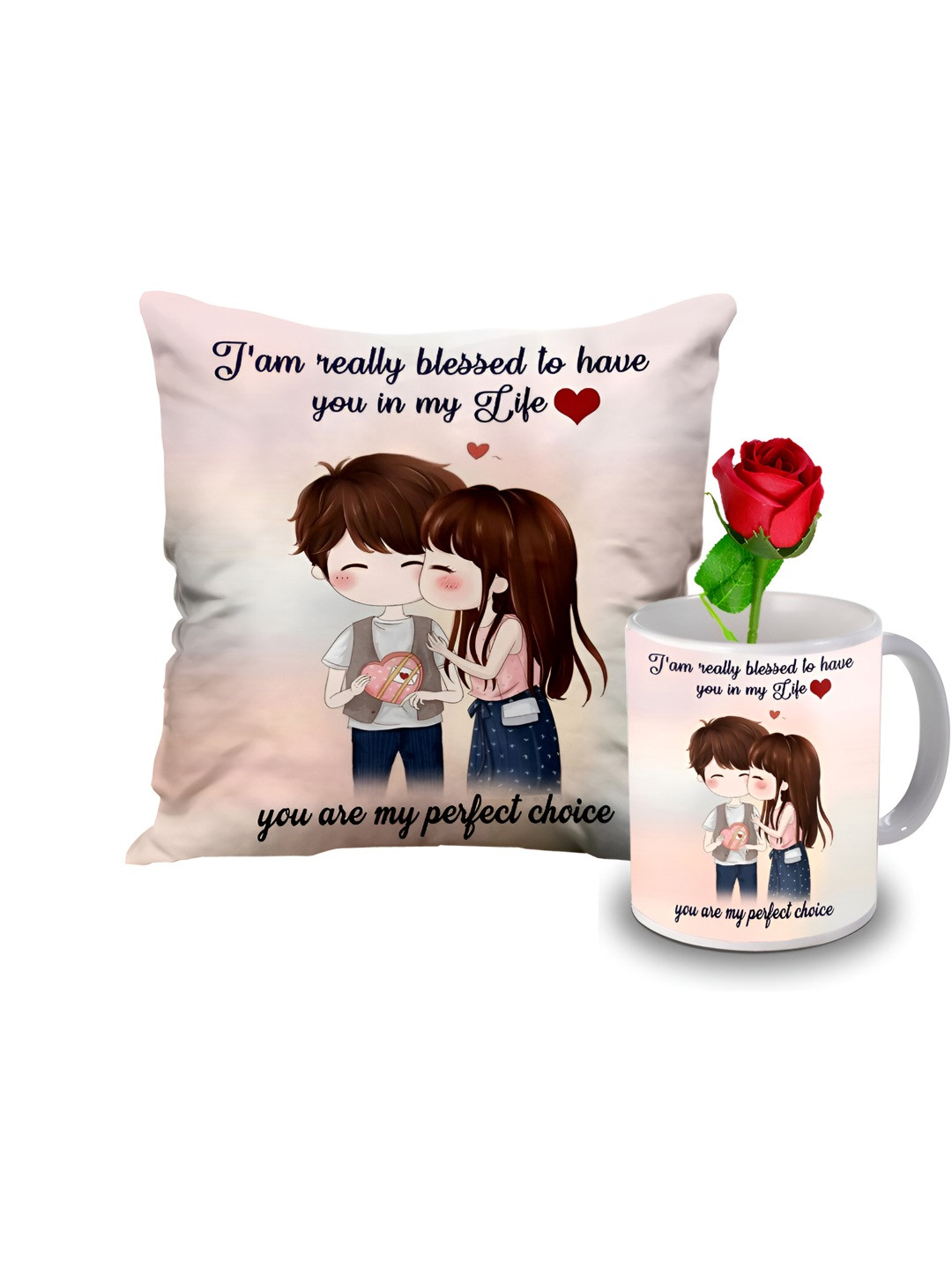 

ME & YOU Pink and Red 3 Pieces Cushion Rose & Mug Gift Set