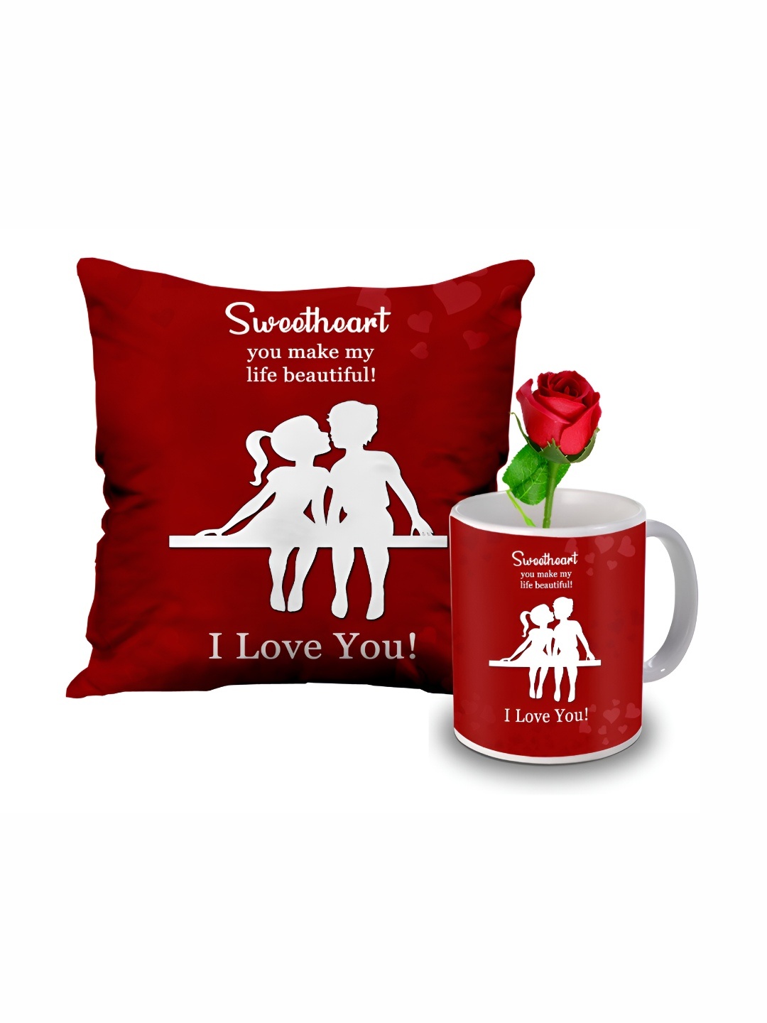 

ME & YOU Red & White 3 Pieces Cushion Rose & Mug Gift Set