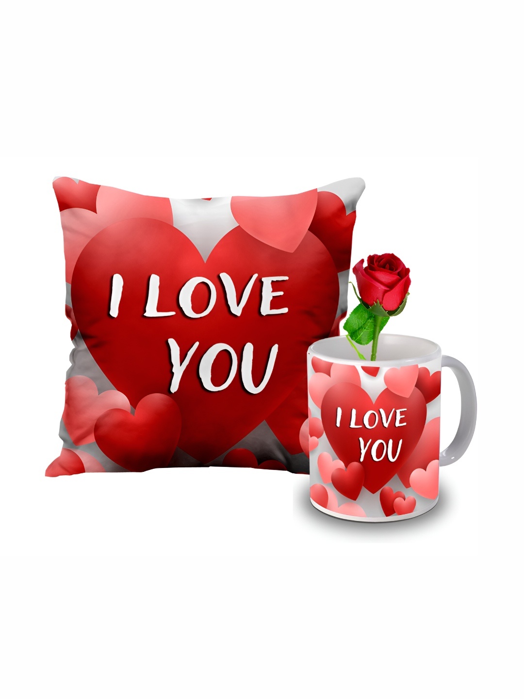 

ME & YOU Red & White 3 Pieces Printed Cushion With Rose & Mug Home Gift Set