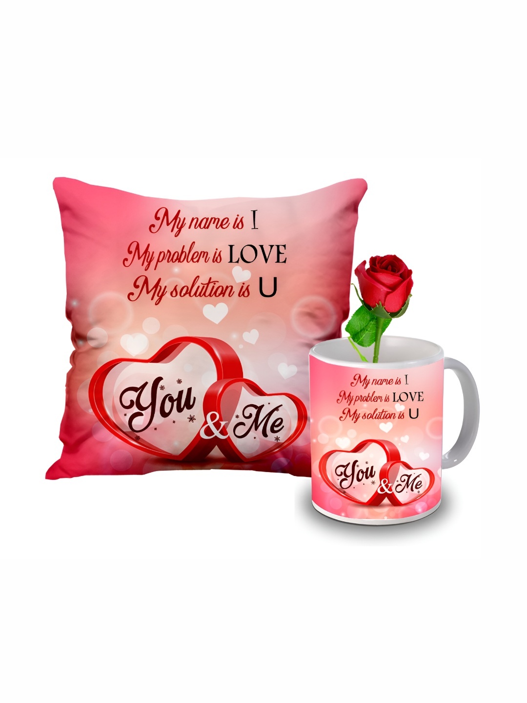 

ME & YOU Red 3 Pcs Printed Cushion With Mug & Rose Valentine's Day Home Gift Sets, Pink